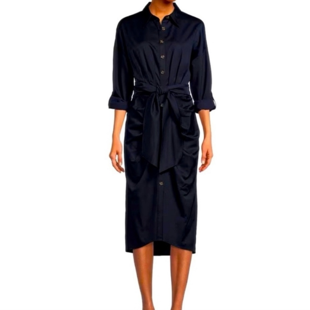 Antonio Melani Roxanne point collar ruched tie waist shirt dress. Sz4 Navy blue